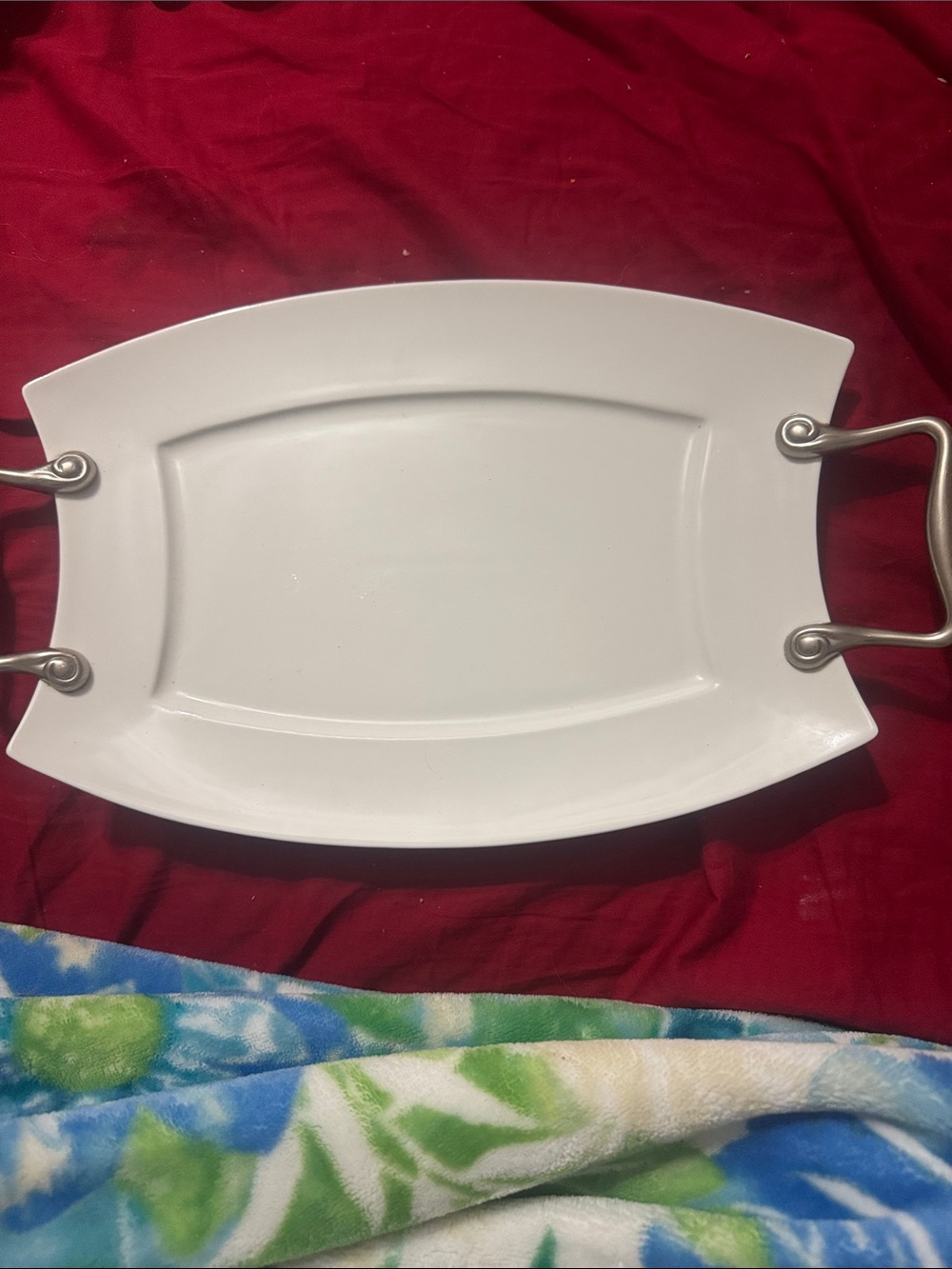 Gallery White Ceramic Serving Platter with Silver Handles